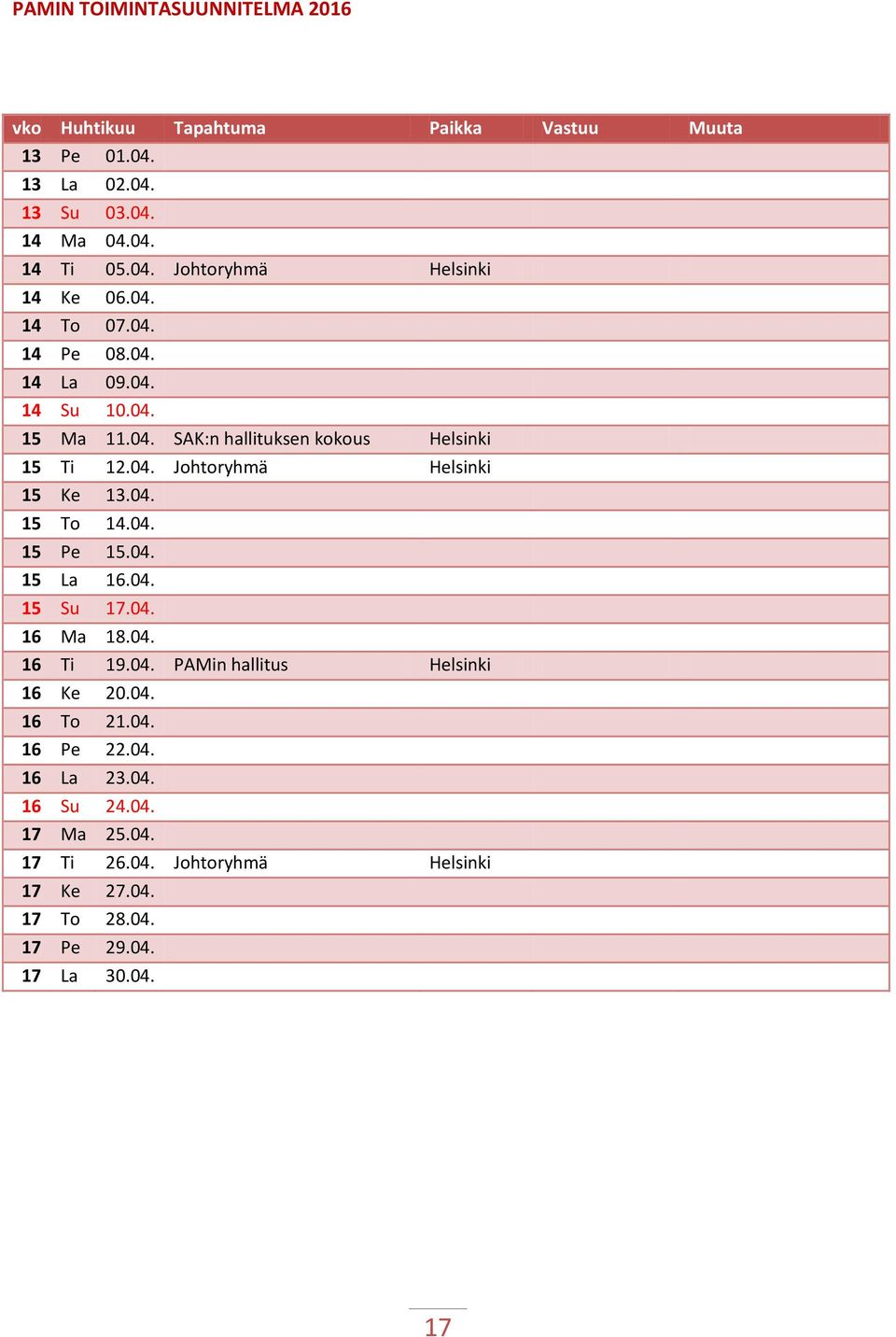 04. 15 To 14.04. 15 Pe 15.04. 15 La 16.04. 15 Su 17.04. 16 Ma 18.04. 16 Ti 19.04. PAMin hallitus Helsinki 16 Ke 20.04. 16 To 21.04. 16 Pe 22.