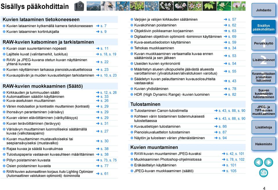 Kuvien näyttäminen tarkassa pienoiskuvaluettelossa s. Kuvauspäivän ja muiden kuvaustietojen tarkistaminen s. 0, s.