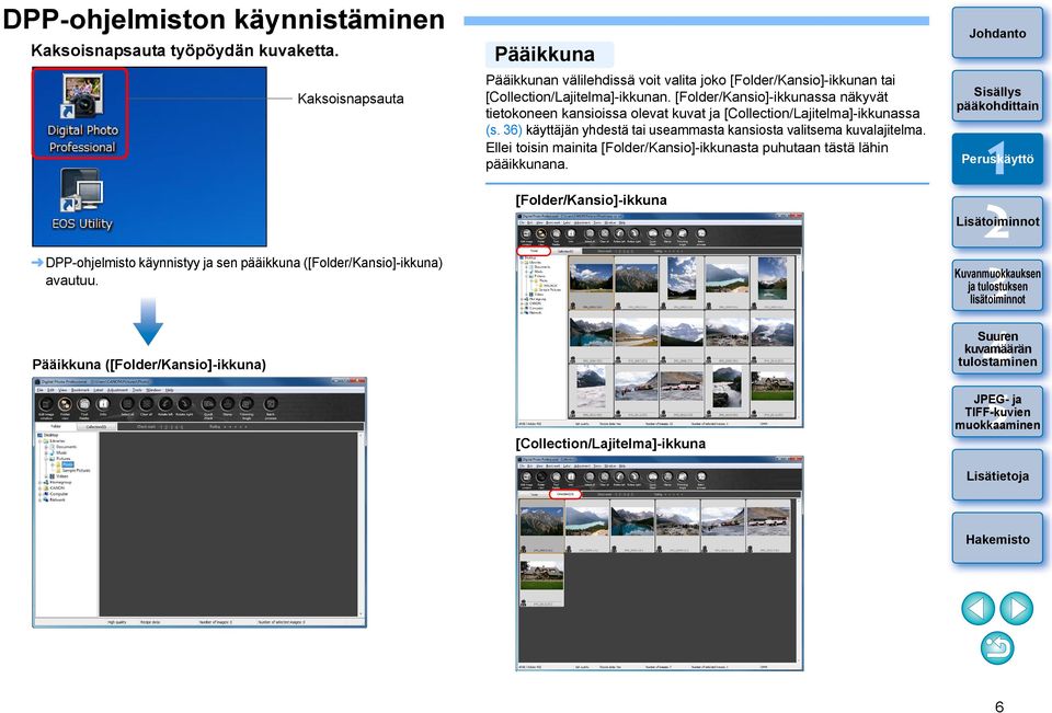 [Collection/Lajitelma]-ikkunan. [Folder/Kansio]-ikkunassa näkyvät tietokoneen kansioissa olevat kuvat ja [Collection/Lajitelma]-ikkunassa (s.