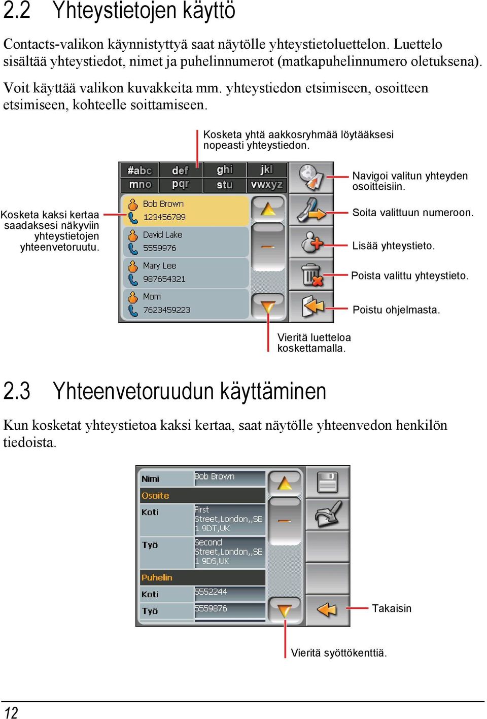 Navigoi valitun yhteyden osoitteisiin. Kosketa kaksi kertaa saadakse si näkyviin yhteystietojen yhteenvetoruutu. Soita valittuun numeroon. Lisää yhteystieto. Poista valittu yhteystieto.