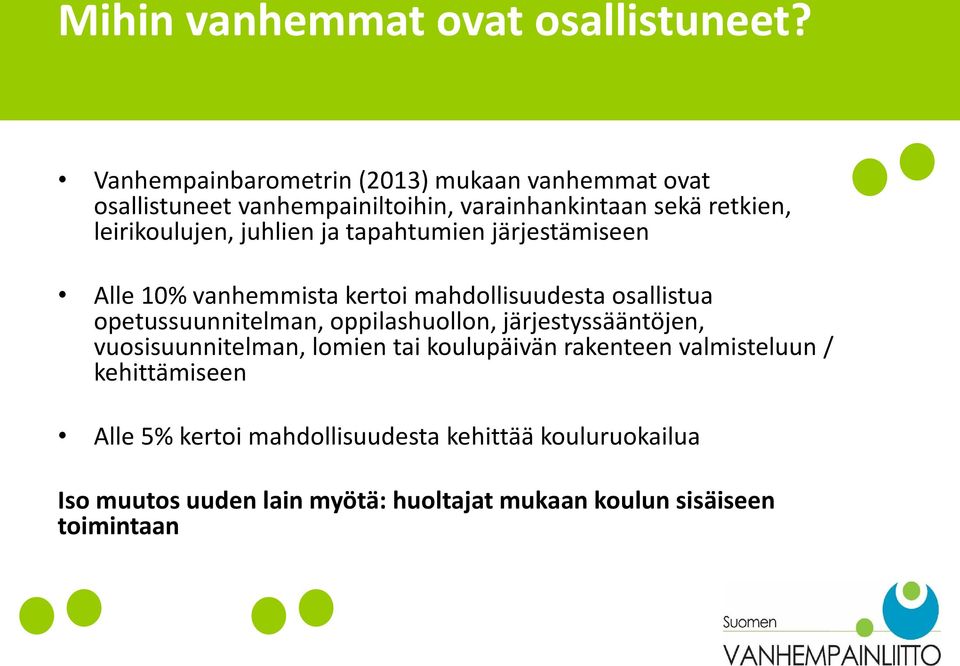 juhlien ja tapahtumien järjestämiseen Alle 10% vanhemmista kertoi mahdollisuudesta osallistua opetussuunnitelman, oppilashuollon,