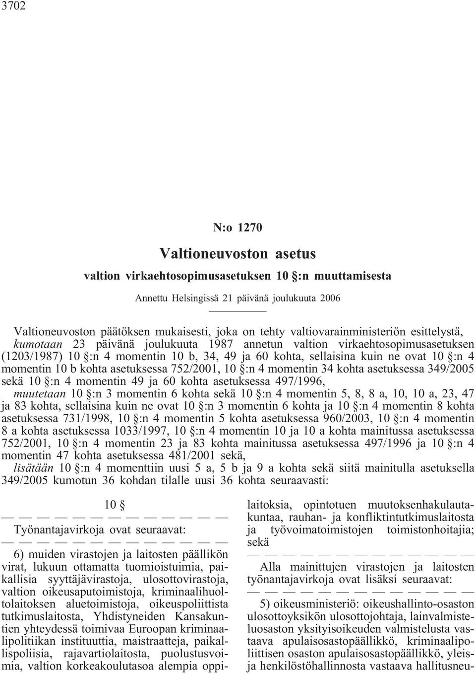 4 momentin 10 b kohta asetuksessa 752/2001, 10 :n 4 momentin 34 kohta asetuksessa 349/2005 sekä 10 :n 4 momentin 49 ja 60 kohta asetuksessa 497/1996, muutetaan 10 :n 3 momentin 6 kohta sekä 10 :n 4