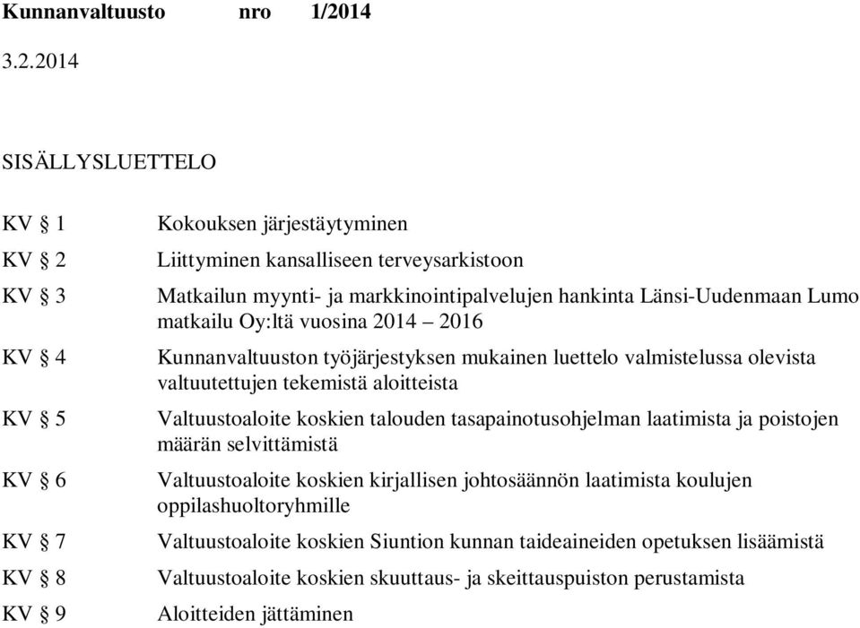 aloitteista Valtuustoaloite koskien talouden tasapainotusohjelman laatimista ja poistojen määrän selvittämistä Valtuustoaloite koskien kirjallisen johtosäännön laatimista