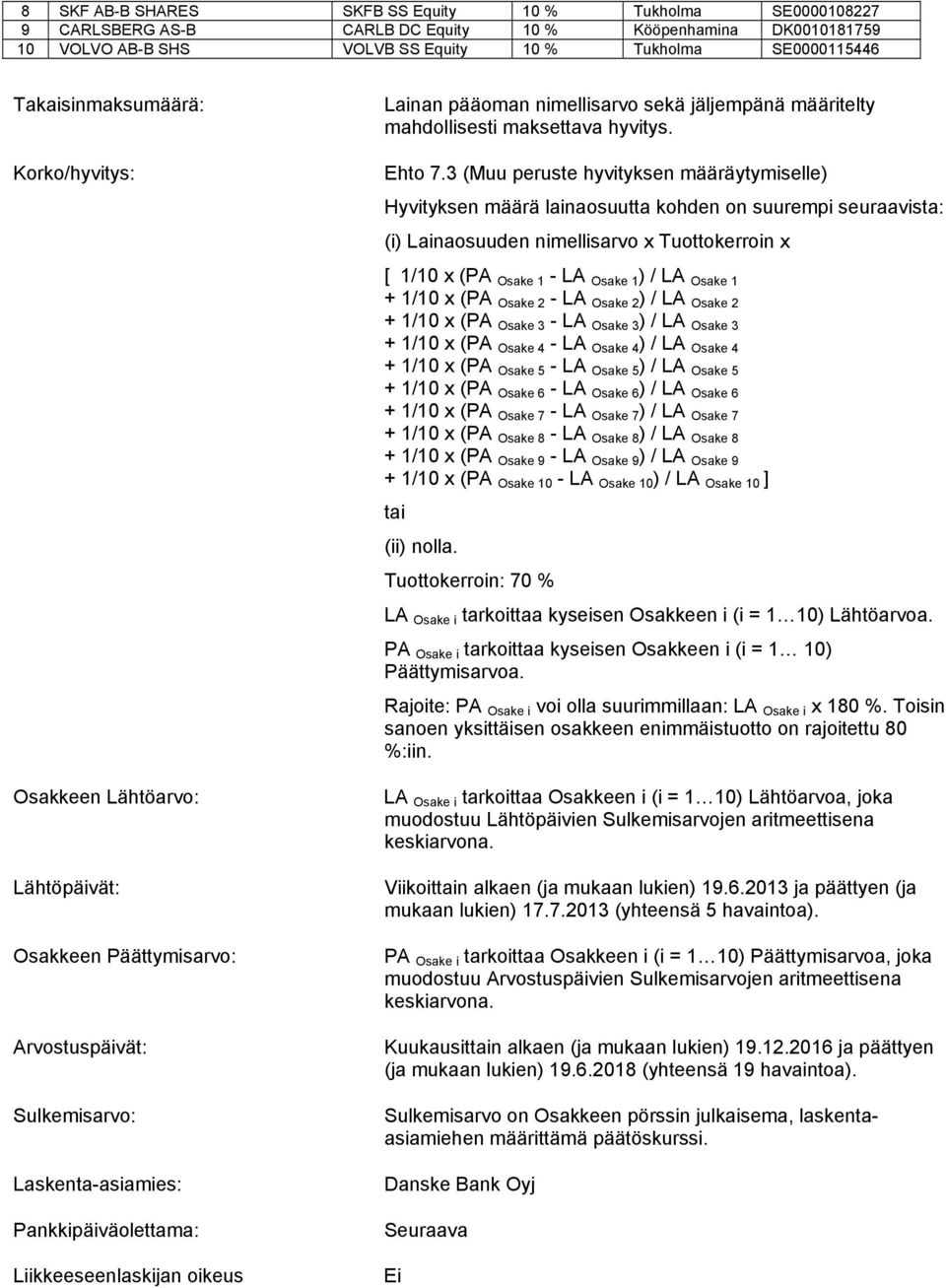 3 (Muu peruste hyvityksen määräytymiselle) Hyvityksen määrä lainaosuutta kohden on suurempi seuraavista: (i) Lainaosuuden nimellisarvo x Tuottokerroin x [ 1/10 x (PA Osake 1 - LA Osake 1 ) / LA Osake