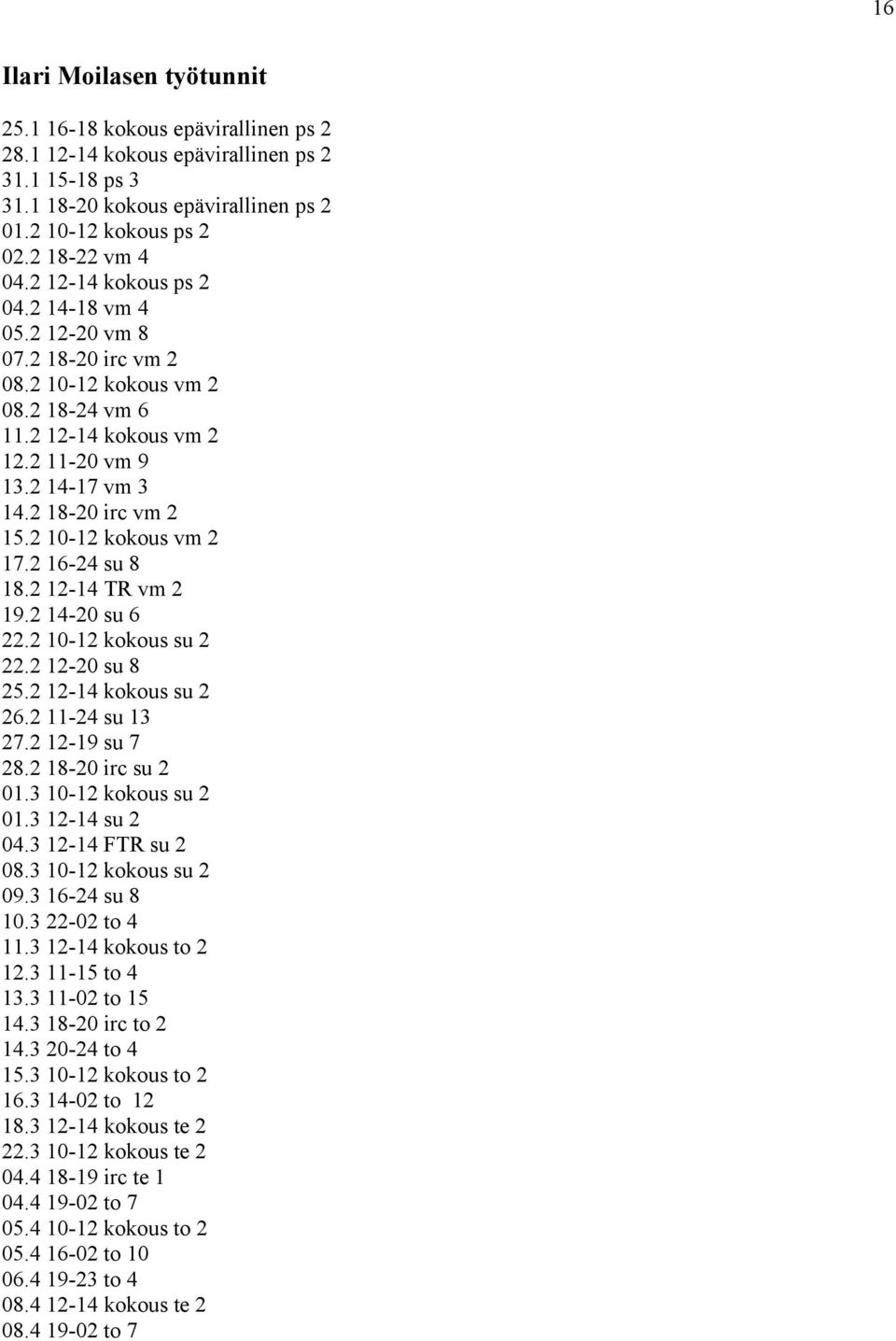 2 10-12 kokous vm 2 17.2 16-24 su 8 18.2 12-14 TR vm 2 19.2 14-20 su 6 22.2 10-12 kokous su 2 22.2 12-20 su 8 25.2 12-14 kokous su 2 26.2 11-24 su 13 27.2 12-19 su 7 28.2 18-20 irc su 2 01.
