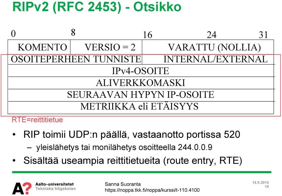 eli ETÄISYYS RTE=reittitietue RIP toimii UDP:n päällä, vastaanotto portissa 520