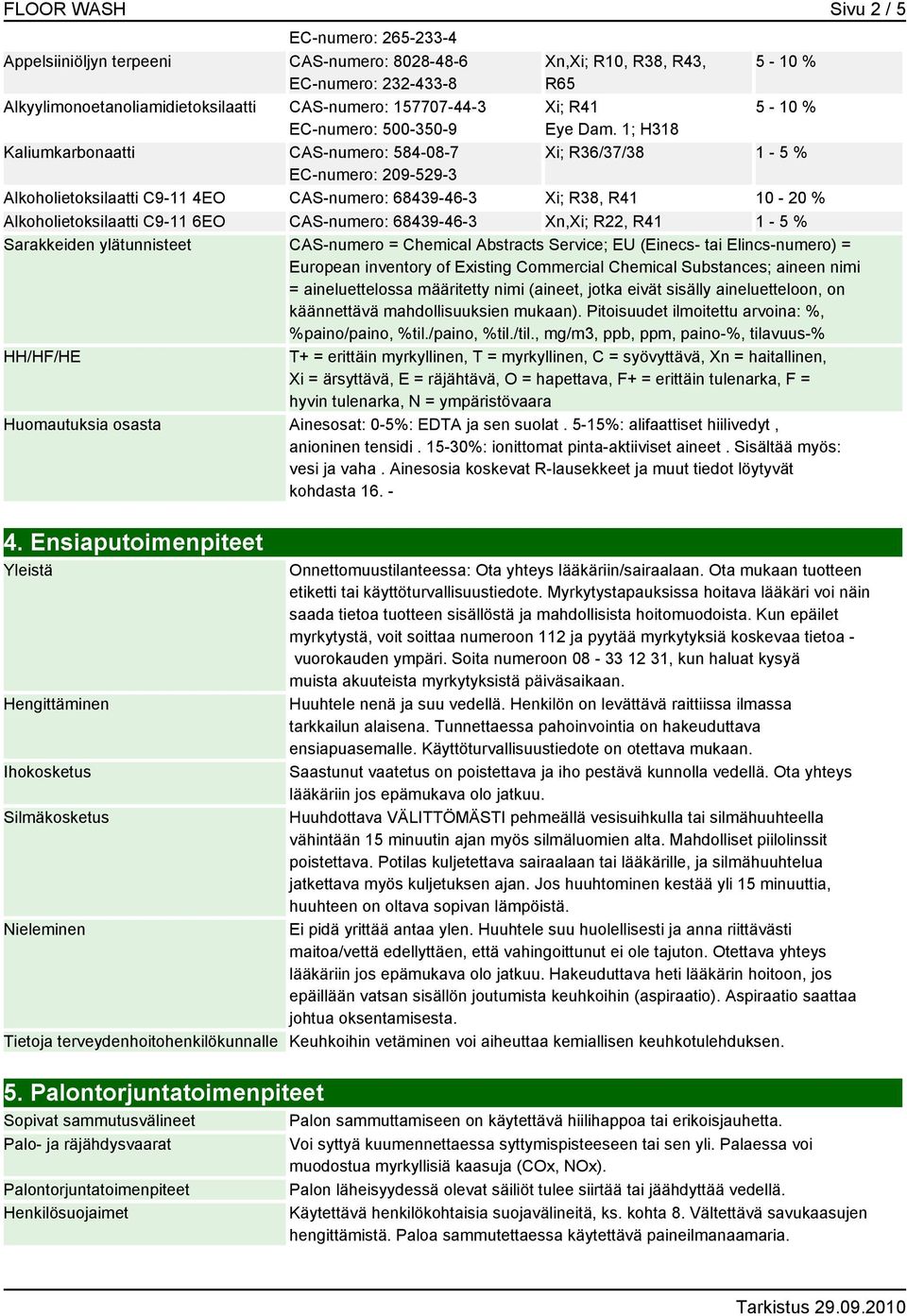1; H318 Xi; R36/37/38 1-5 % Alkoholietoksilaatti C9-11 4EO CAS-numero: 68439-46-3 Xi; R38, R41 10-20 % Alkoholietoksilaatti C9-11 6EO CAS-numero: 68439-46-3 Xn,Xi; R22, R41 1-5 % Sarakkeiden