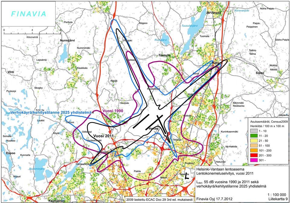 Keimola Odilampi Vantaankoski Vuosi Kivistö 1990 Vuosi 2011 Seutula Vantaa Tikkurila Rekola Kuninkaanmäki Nikinmäki Nissbacka Gästerby Hindsby Asukasmäärät, Census2009 Henkilöä / 100 m x 100 m 1-10