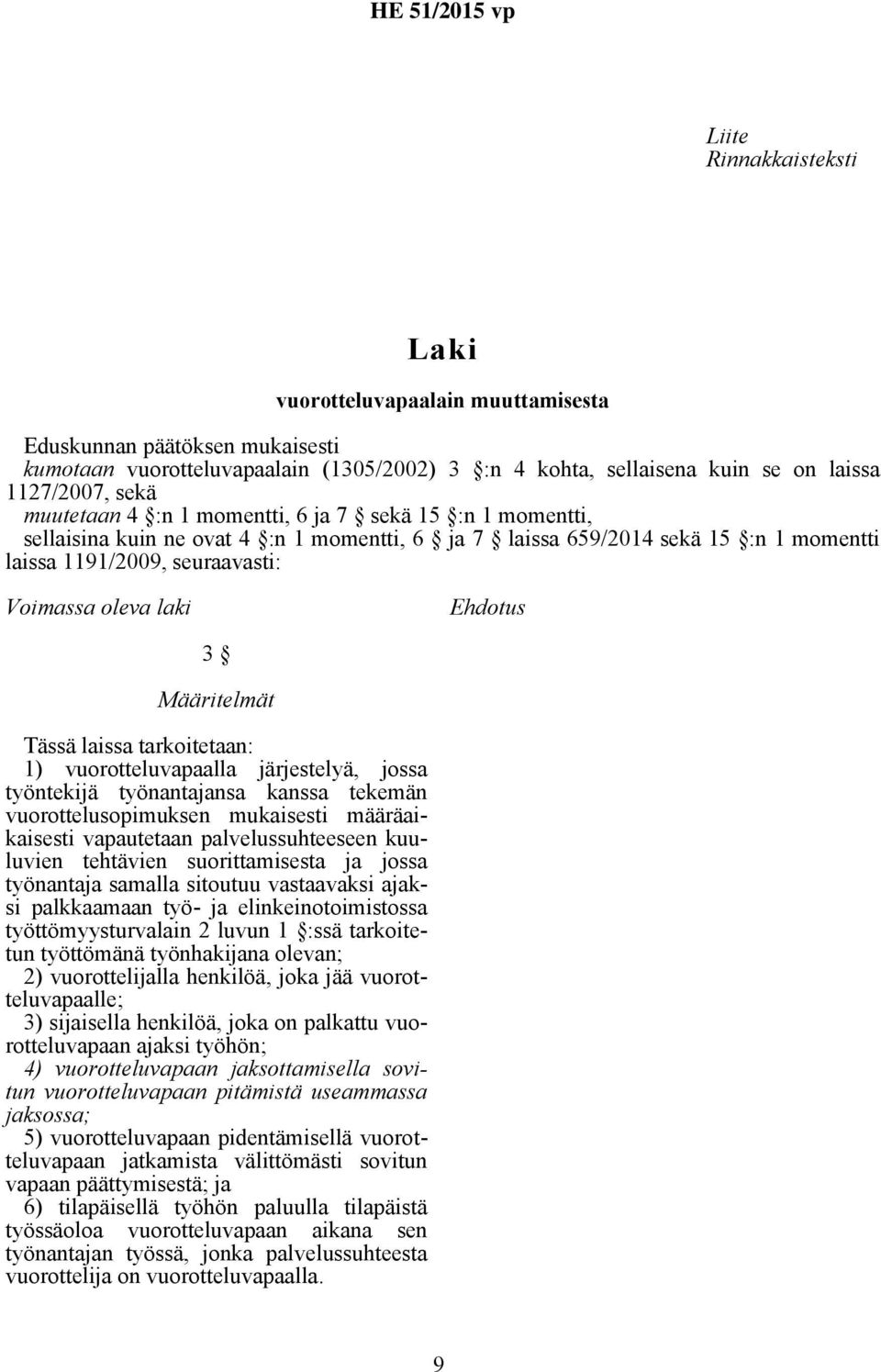 Ehdotus 3 Määritelmät Tässä laissa tarkoitetaan: 1) vuorotteluvapaalla järjestelyä, jossa työntekijä työnantajansa kanssa tekemän vuorottelusopimuksen mukaisesti määräaikaisesti vapautetaan