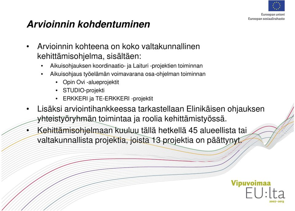 ERKKERI ja TE-ERKKERI -projektit Lisäksi arviointihankkeessa tarkastellaan Elinikäisen ohjauksen yhteistyöryhmän toimintaa ja roolia