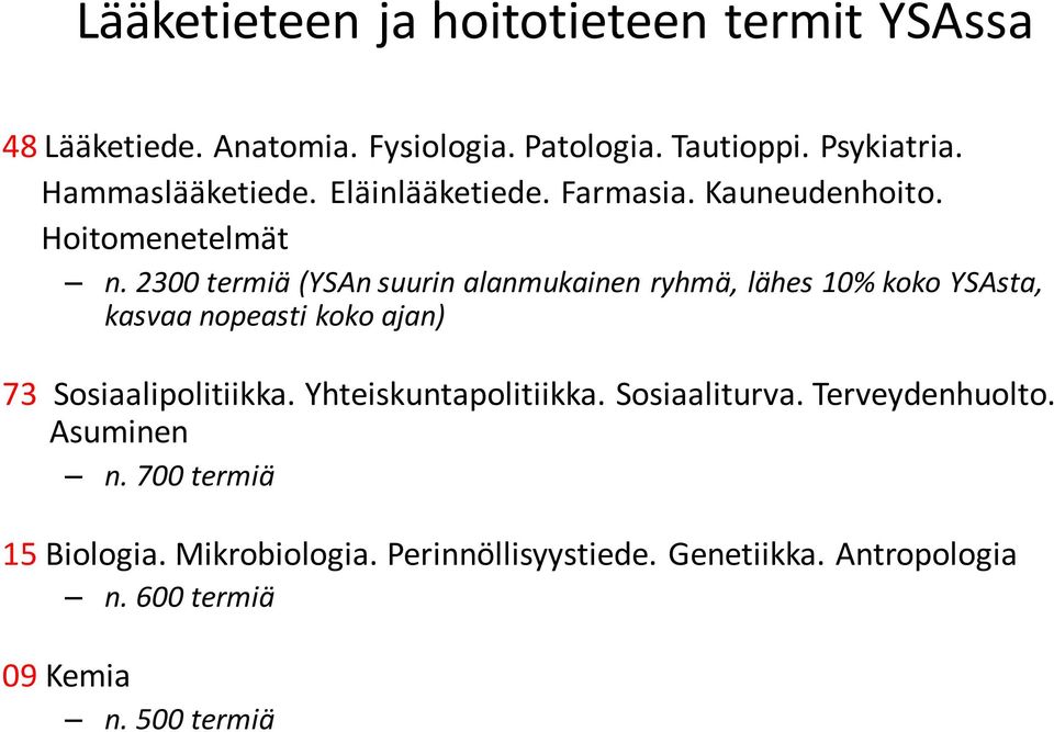 2300 termiä (YSAn suurin alanmukainen ryhmä, lähes 10% koko YSAsta, kasvaa nopeasti koko ajan) 73 Sosiaalipolitiikka.