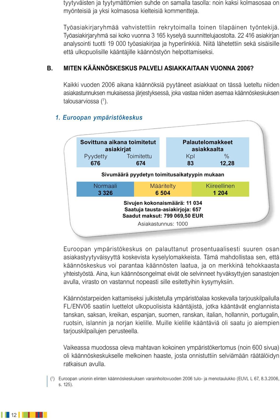 22 416 asiakirjan analysointi tuotti 19 työasiakirjaa ja hyperlinkkiä. Niitä lähetettiin sekä sisäisille että ulkopuolisille kääntäjille käännöstyön helpottamiseksi. B.