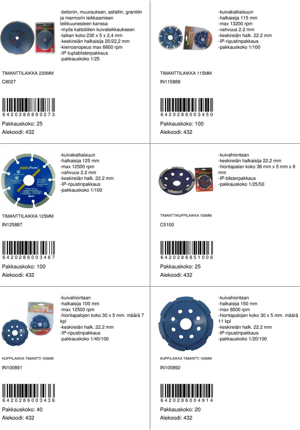 2 mm -IP-ripustinpakkaus -pakkauskoko 1/100 TIMANTTILAIKKA 230MM TIMANTTILAIKKA 115MM C8027 IN115888 6420286880273 6420286003450 Pakkauskoko: 25 0 -kuivakatkaisuun -halkaisija 125 mm -max 12500 rpm