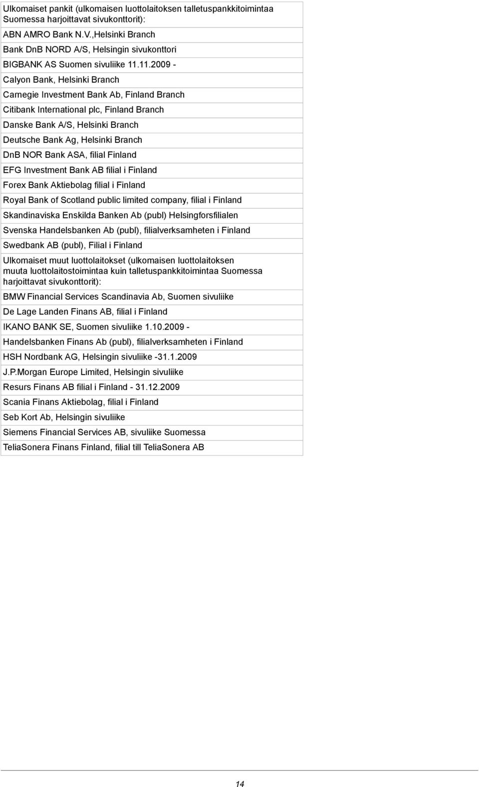11.2009 - Calyon Bank, Helsinki Branch Carnegie Investment Bank Ab, Finland Branch Citibank International plc, Finland Branch Danske Bank A/S, Helsinki Branch Deutsche Bank Ag, Helsinki Branch DnB