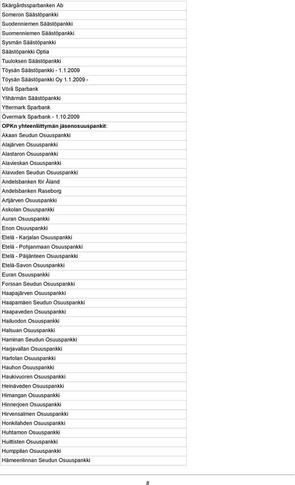2009 OPKn yhteenliittymän jäsenosuuspankit: Akaan Seudun Osuuspankki Alajärven Osuuspankki Alastaron Osuuspankki Alavieskan Osuuspankki Alavuden Seudun Osuuspankki Andelsbanken för Åland Andelsbanken