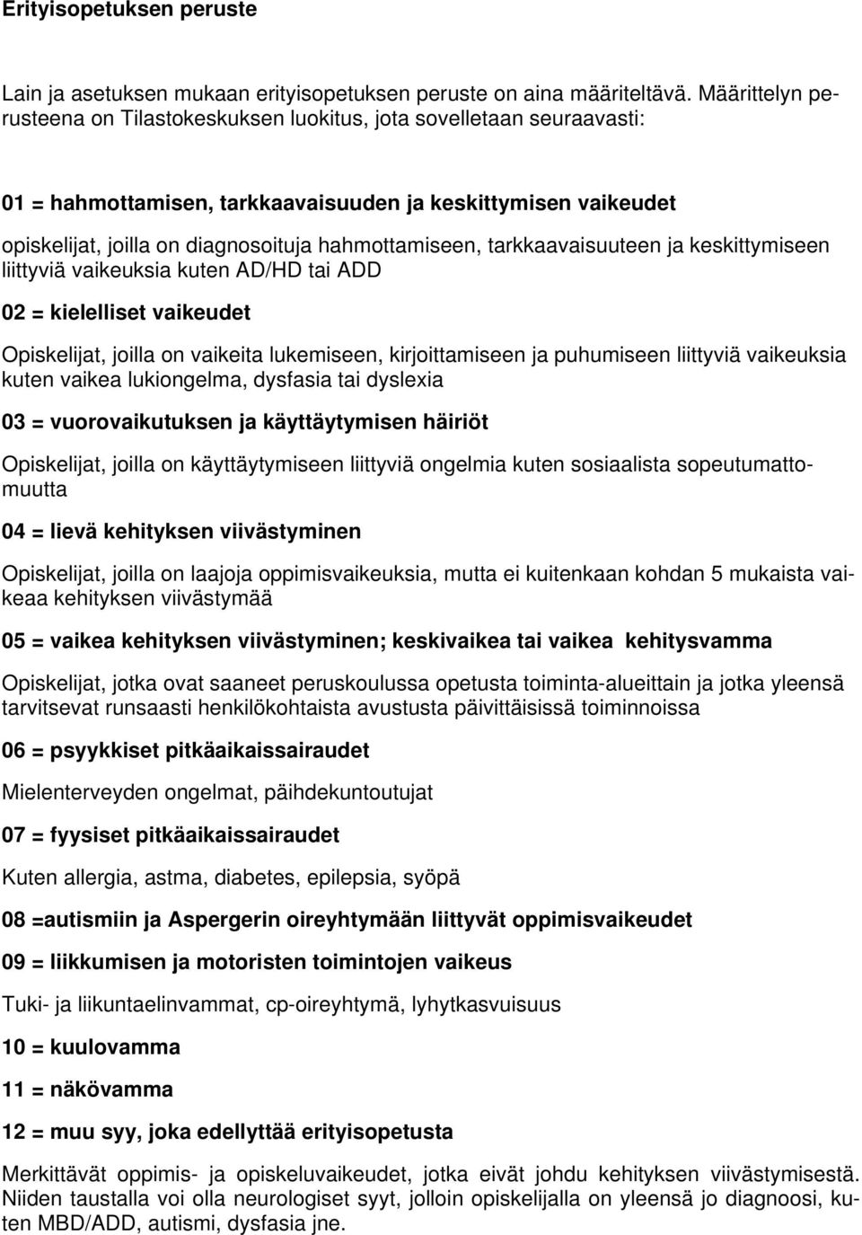 tarkkaavaisuuteen ja keskittymiseen liittyviä vaikeuksia kuten AD/HD tai ADD 02 = kielelliset vaikeudet Opiskelijat, joilla on vaikeita lukemiseen, kirjoittamiseen ja puhumiseen liittyviä vaikeuksia