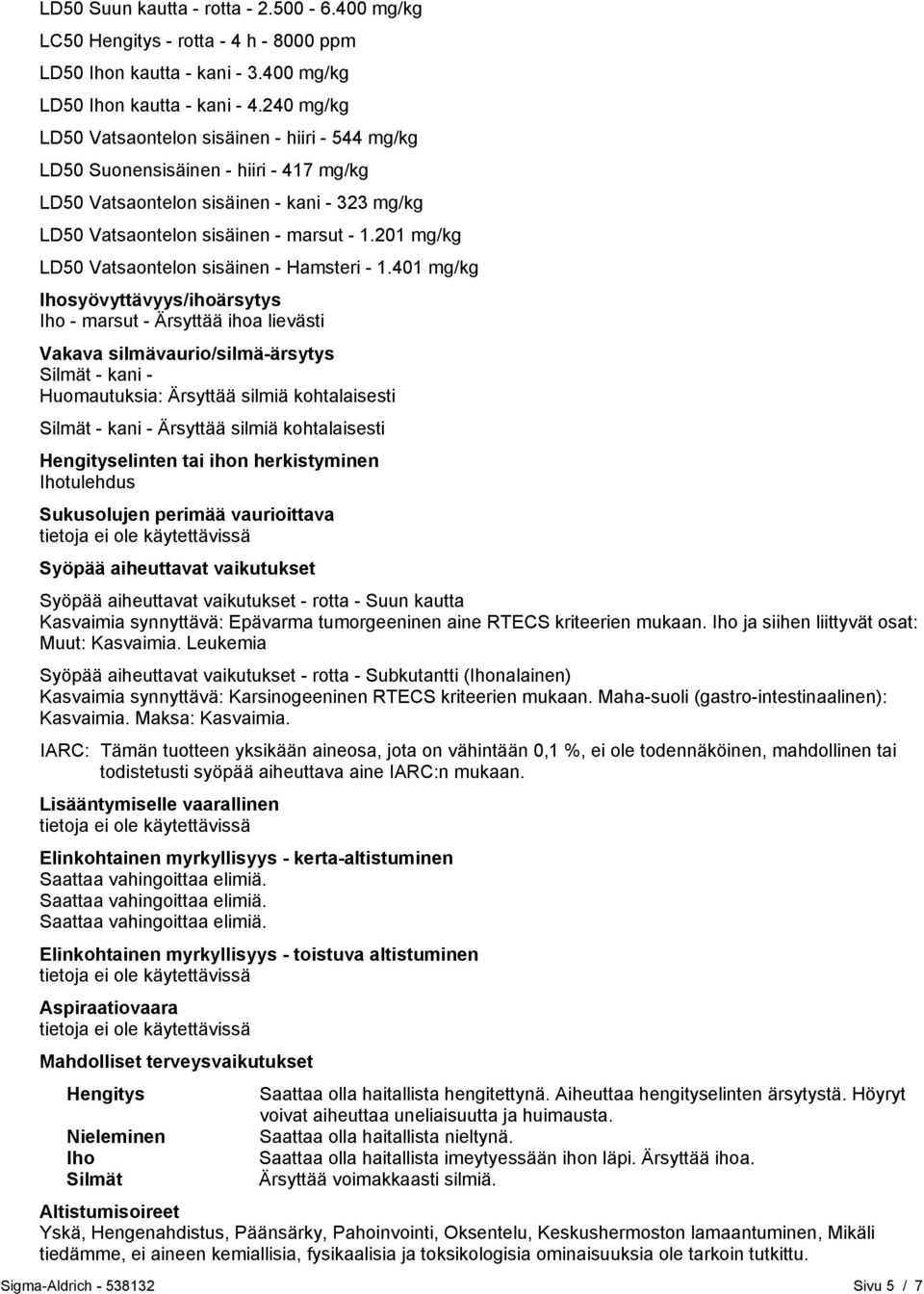 201 mg/kg LD50 Vatsaontelon sisäinen - Hamsteri - 1.