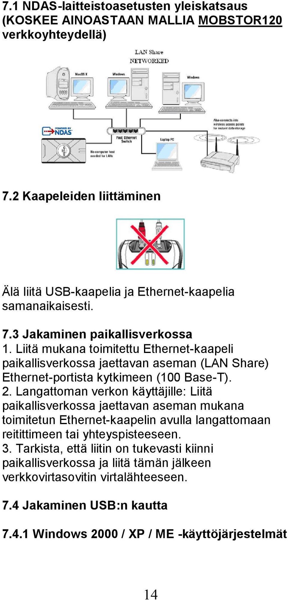 Liitä mukana toimitettu Ethernet-kaapeli paikallisverkossa jaettavan aseman (LAN Share) Ethernet-portista kytkimeen (100 Base-T). 2.