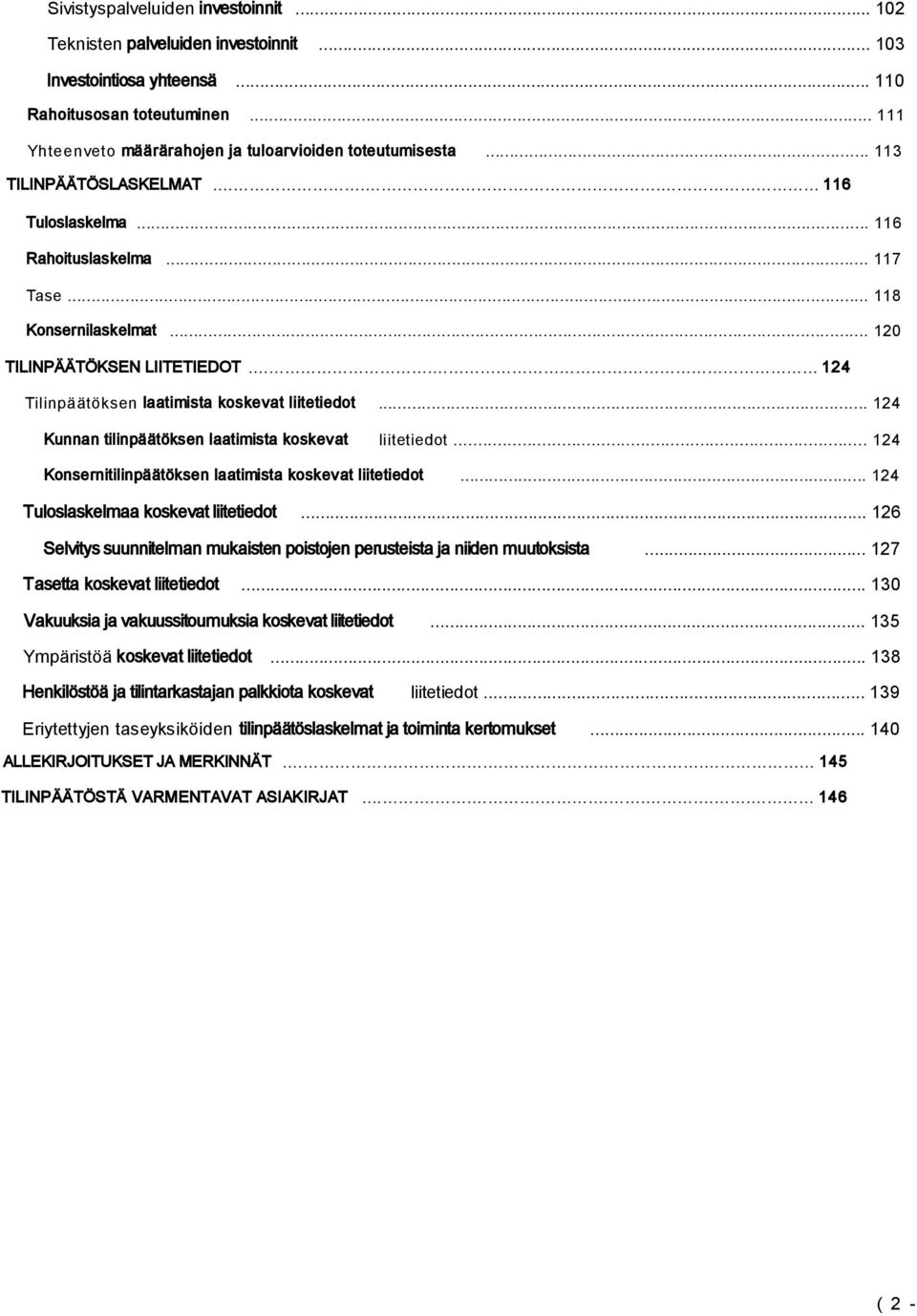 .. 124 Kunnan tilinpäätöksen laatimista koskevat liitetiedot... 124 Konsernitilinpäätöksen laatimista koskevat liitetiedot... 124 Tuloslaskelmaa koskevat liitetiedot.