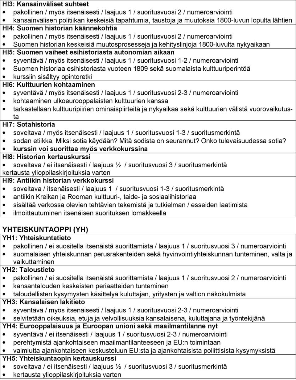 nykyaikaan HI5: Suomen vaiheet esihistoriasta autonomian aikaan syventävä / myös itsenäisesti / laajuus 1 / suoritusvuosi 1-2 / numeroarviointi Suomen historiaa esihistoriasta vuoteen 1809 sekä