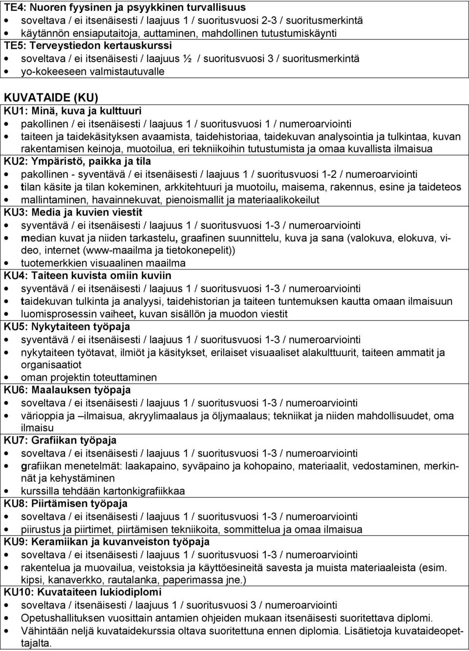 taidekäsityksen avaamista, taidehistoriaa, taidekuvan analysointia ja tulkintaa, kuvan rakentamisen keinoja, muotoilua, eri tekniikoihin tutustumista ja omaa kuvallista ilmaisua KU2: Ympäristö,