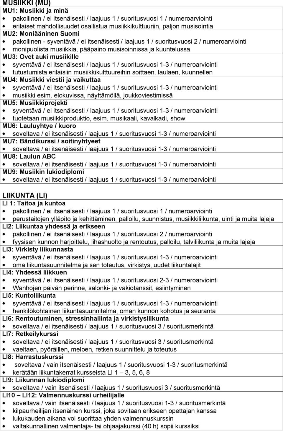 MU4: Musiikki viestii ja vaikuttaa musiikki esim. elokuvissa, näyttämöllä, joukkoviestimissä MU5: Musiikkiprojekti tuotetaan musiikkiproduktio, esim.