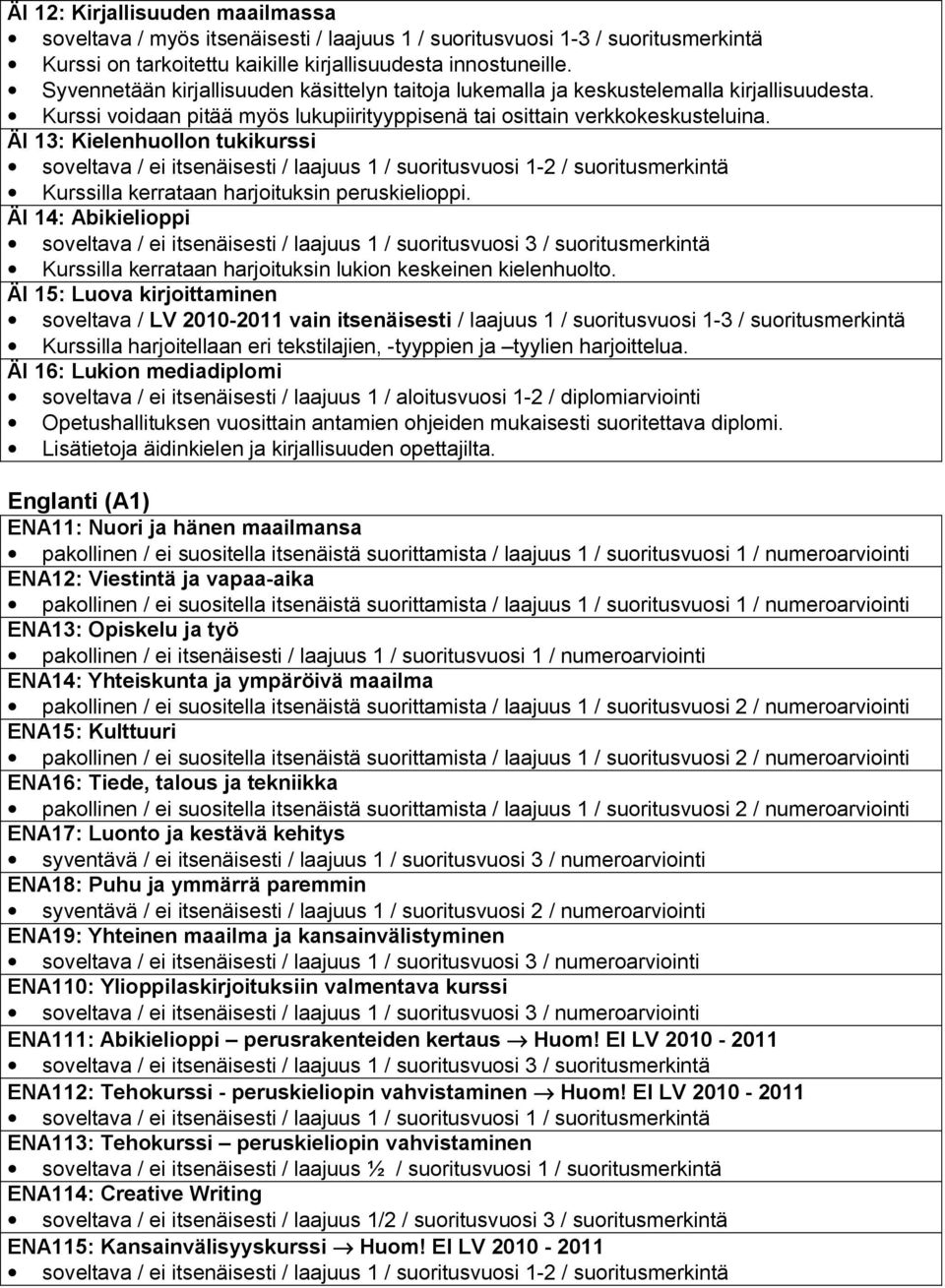 ÄI 13: Kielenhuollon tukikurssi soveltava / ei itsenäisesti / laajuus 1 / suoritusvuosi 1-2 / suoritusmerkintä Kurssilla kerrataan harjoituksin peruskielioppi.