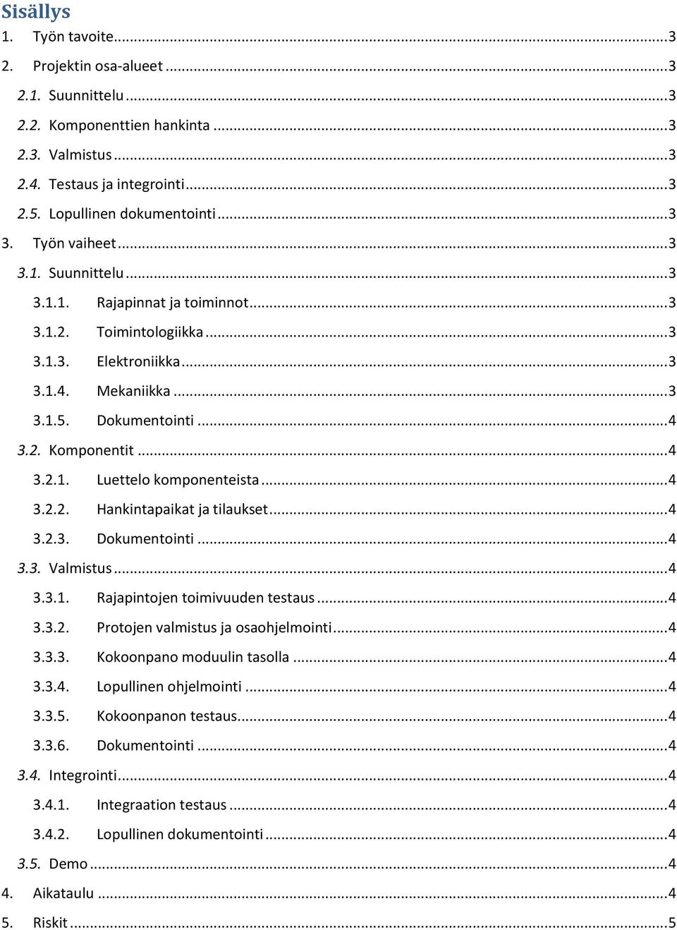 .. 4 3.2.1. Luettelo komponenteista... 4 3.2.2. Hankintapaikat ja tilaukset... 4 3.2.3. Dokumentointi... 4 3.3. Valmistus... 4 3.3.1. Rajapintojen toimivuuden testaus... 4 3.3.2. Protojen valmistus ja osaohjelmointi.