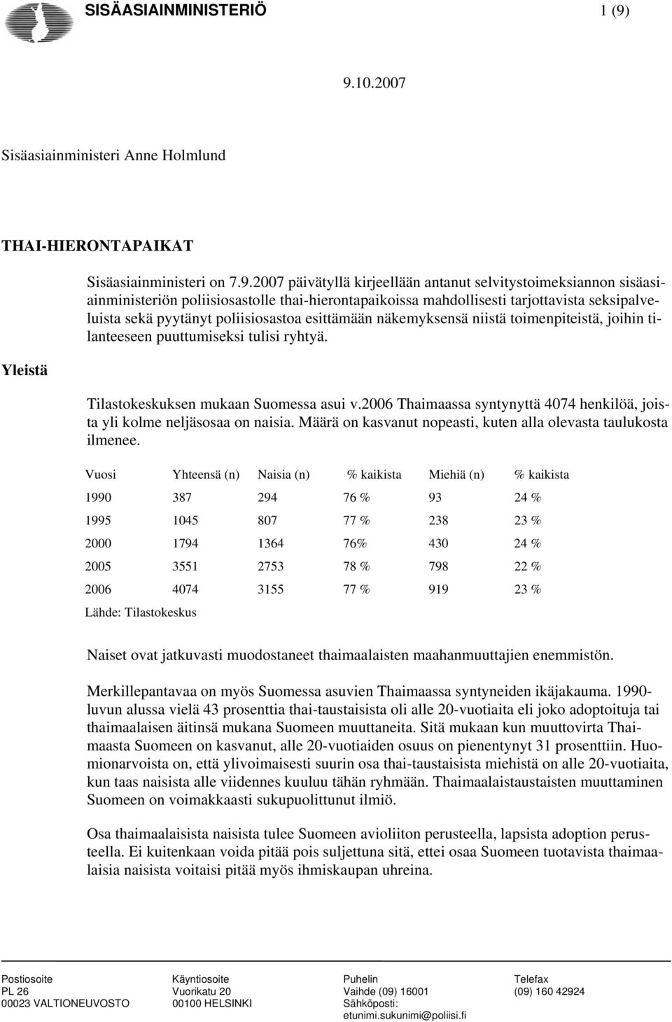 thai-hierontapaikoissa mahdollisesti tarjottavista seksipalveluista sekä pyytänyt poliisiosastoa esittämään näkemyksensä niistä toimenpiteistä, joihin tilanteeseen puuttumiseksi tulisi ryhtyä.