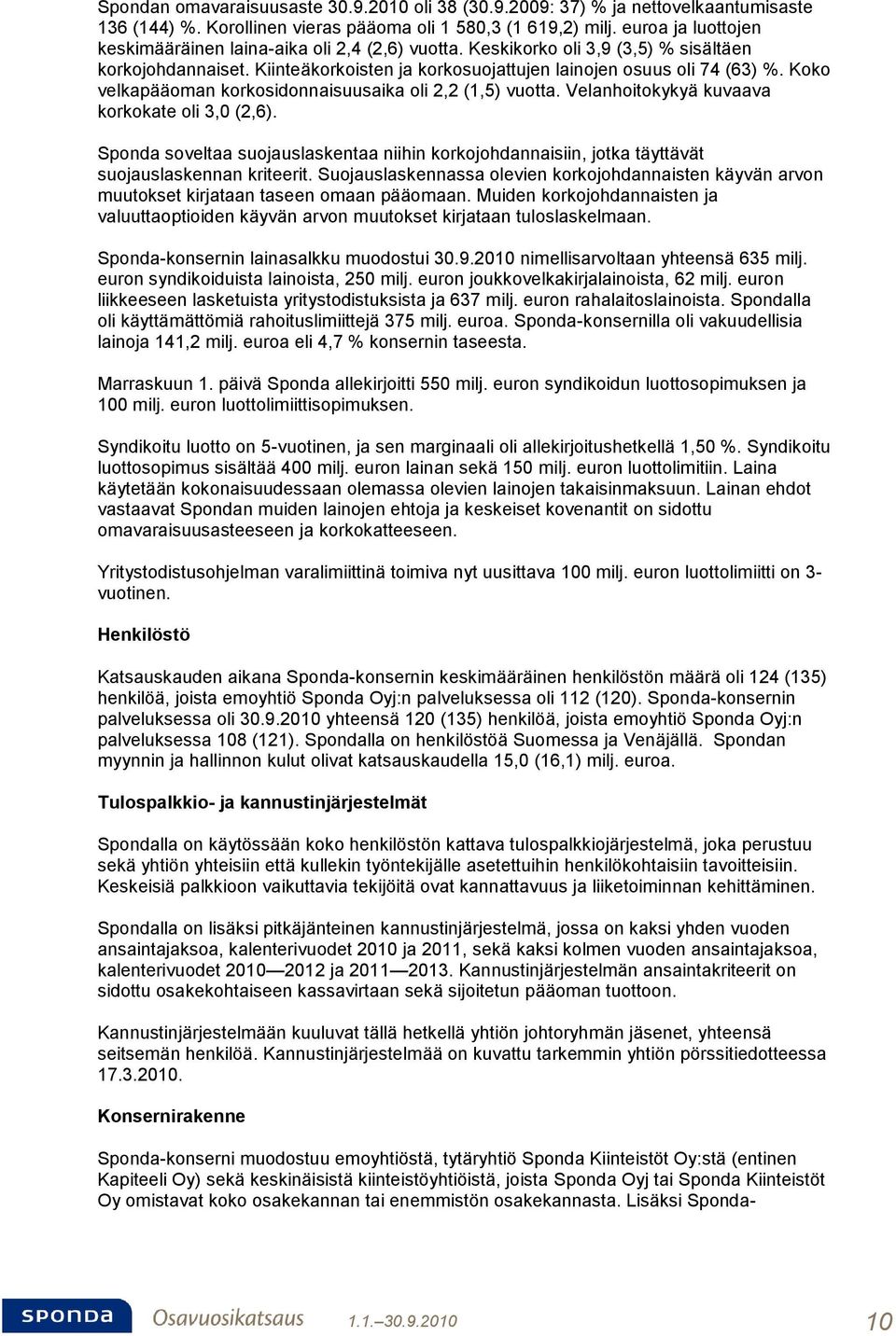 Koko velkapääoman korkosidonnaisuusaika oli 2,2 (1,5) vuotta. Velanhoitokykyä kuvaava korkokate oli 3,0 (2,6).