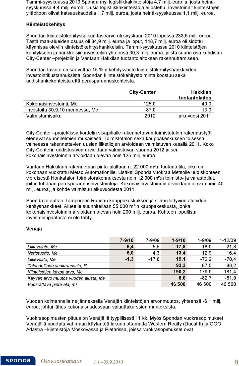 euroa. Tästä maa-alueiden osuus oli 84,9 milj. euroa ja loput, 148,7 milj. euroa oli sidottu käynnissä oleviin kiinteistökehityshankkeisiin.