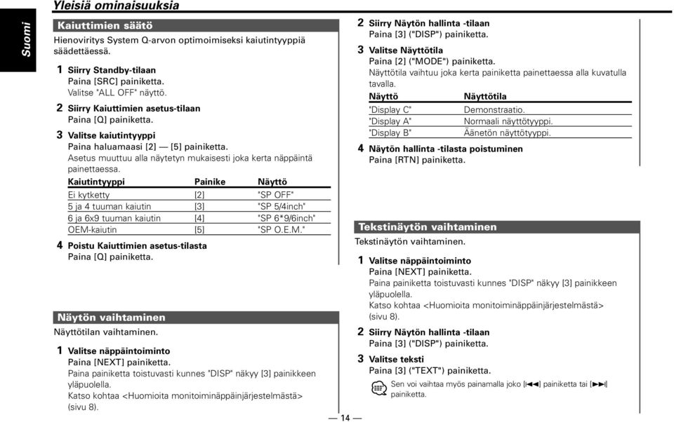 Kaiutintyyppi Painike Ei kytketty [2] "SP OFF" 5 ja 4 tuuman kaiutin [3] "SP 5/4inch" 6 ja 6x9 tuuman kaiutin [4] "SP 6*9/6inch" OEM-kaiutin [5] "SP O.E.M." 4 Poistu Kaiuttimien asetus-tilasta Paina [Q] painiketta.