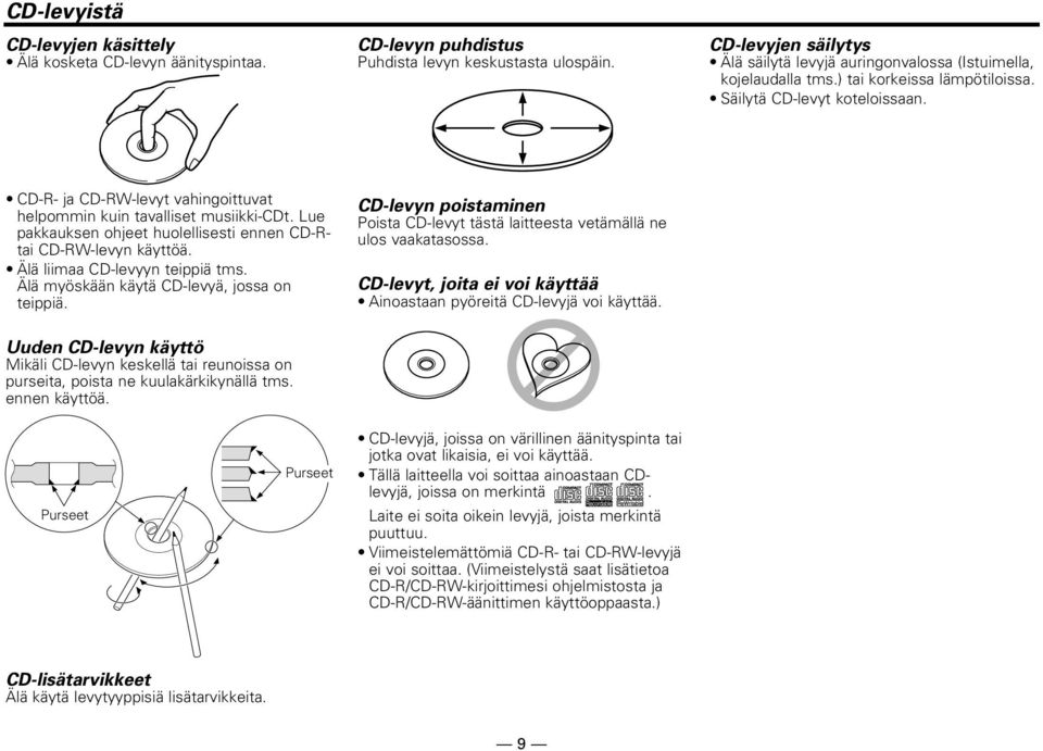 CD-R- ja CD-RW-levyt vahingoittuvat helpommin kuin tavalliset musiikki-cdt. Lue pakkauksen ohjeet huolellisesti ennen CD-Rtai CD-RW-levyn käyttöä. Älä liimaa CD-levyyn teippiä tms.