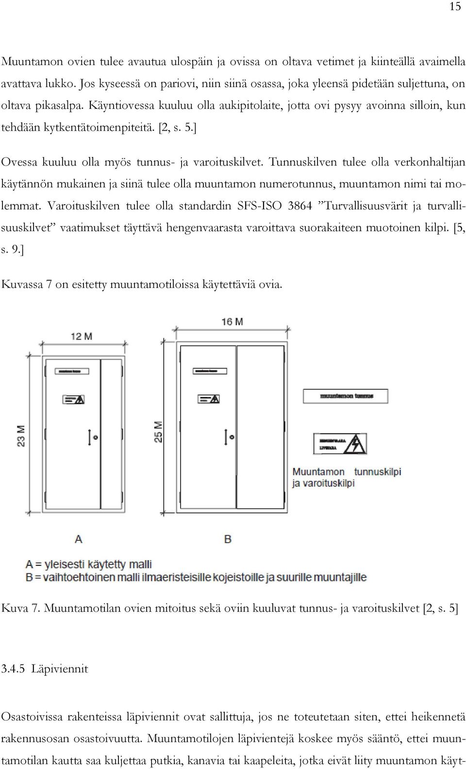 Käyntiovessa kuuluu olla aukipitolaite, jotta ovi pysyy avoinna silloin, kun tehdään kytkentätoimenpiteitä. [2, s. 5.] Ovessa kuuluu olla myös tunnus- ja varoituskilvet.