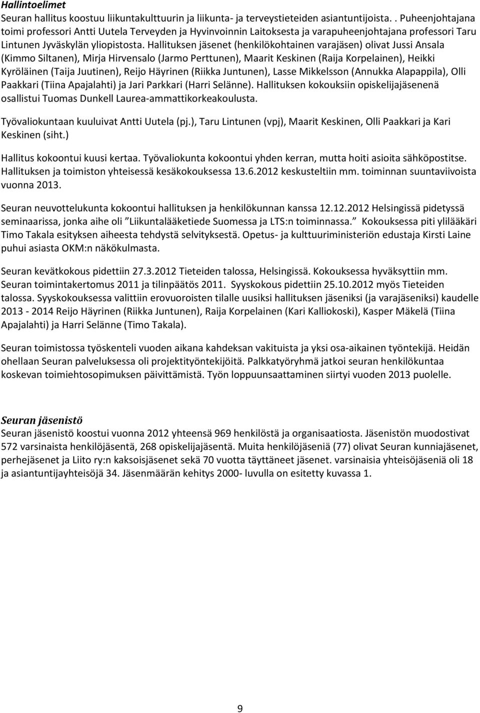 Hallituksen jäsenet (henkilökohtainen varajäsen) olivat Jussi Ansala (Kimmo Siltanen), Mirja Hirvensalo (Jarmo Perttunen), Maarit Keskinen (Raija Korpelainen), Heikki Kyröläinen (Taija Juutinen),