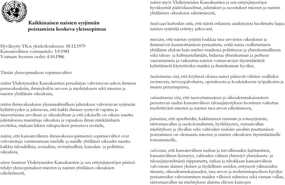 1986 Tämän yleissopimuksen sopimusvaltiot todeten Yhdistyneiden Kansakuntien peruskirjan vahvistavan uskon ihmisen perusoikeuksiin, ihmisyksilön arvoon ja merkitykseen sekä miesten ja naisten