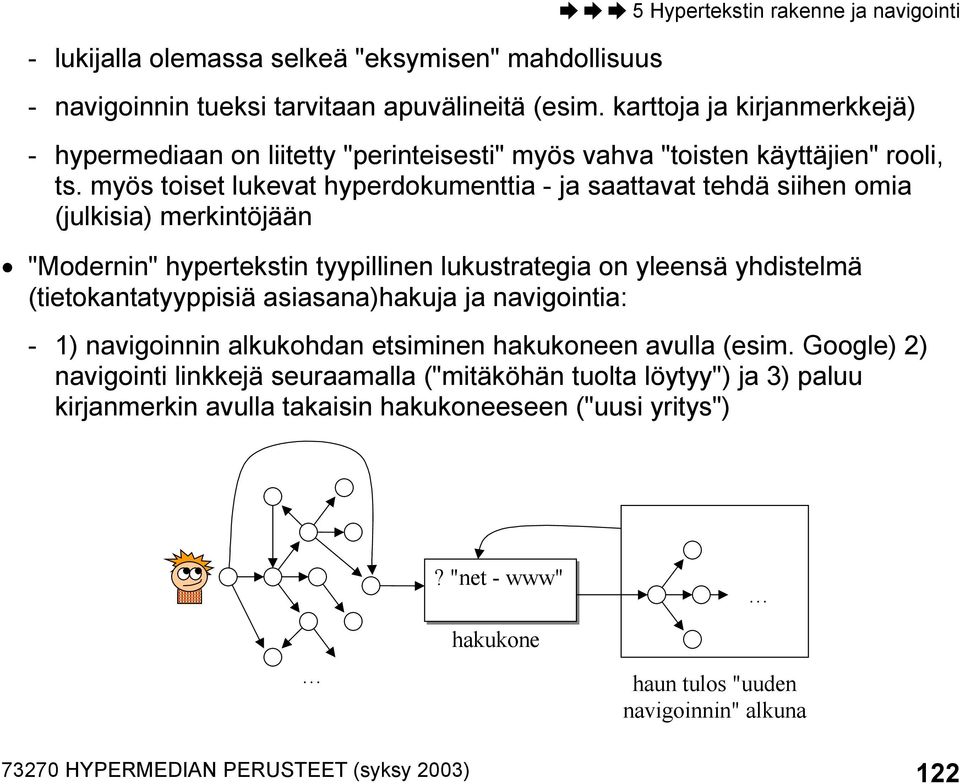 myös toiset lukevat hyperdokumenttia - ja saattavat tehdä siihen omia (julkisia) merkintöjään "Modernin" hypertekstin tyypillinen lukustrategia on yleensä yhdistelmä (tietokantatyyppisiä