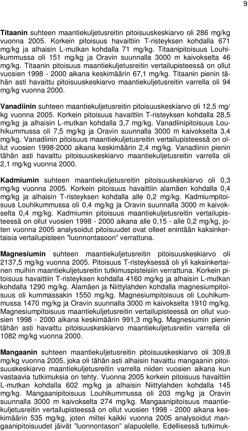 Titaanin pitoisuus maantiekuljetusreitin vertailupisteessä on ollut vuosien 1998-2000 aikana keskimäärin 67,1 mg/kg.