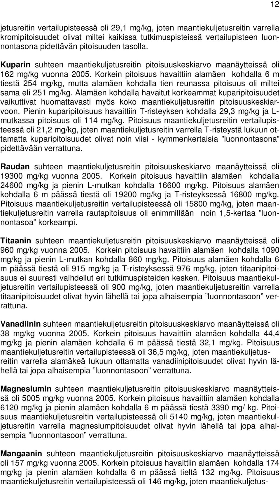 Korkein pitoisuus havaittiin alamäen kohdalla 6 m tiestä 254 mg/kg, mutta alamäen kohdalla tien reunassa pitoisuus oli miltei sama eli 251 mg/kg.