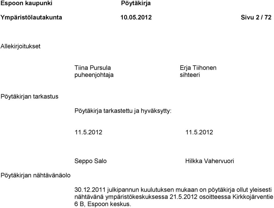 Pöytäkirja tarkastettu ja hyväksytty: 11.5.2012 11.5.2012 Seppo Salo Hilkka Vahervuori Pöytäkirjan nähtävänäolo 30.
