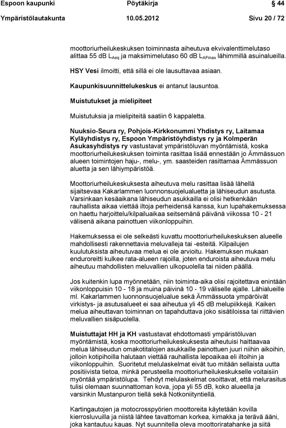 Nuuksio-Seura ry, Pohjois-Kirkkonummi Yhdistys ry, Laitamaa Kyläyhdistys ry, Espoon Ympäristöyhdistys ry ja Kolmperän Asukasyhdistys ry vastustavat ympäristöluvan myöntämistä, koska