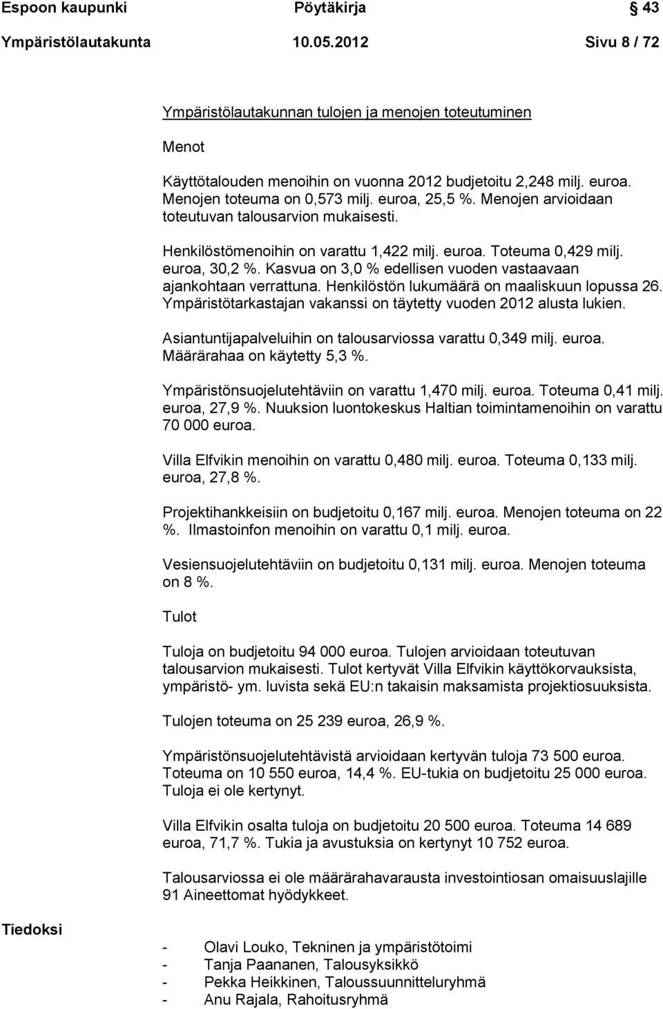 Kasvua on 3,0 % edellisen vuoden vastaavaan ajankohtaan verrattuna. Henkilöstön lukumäärä on maaliskuun lopussa 26. Ympäristötarkastajan vakanssi on täytetty vuoden 2012 alusta lukien.