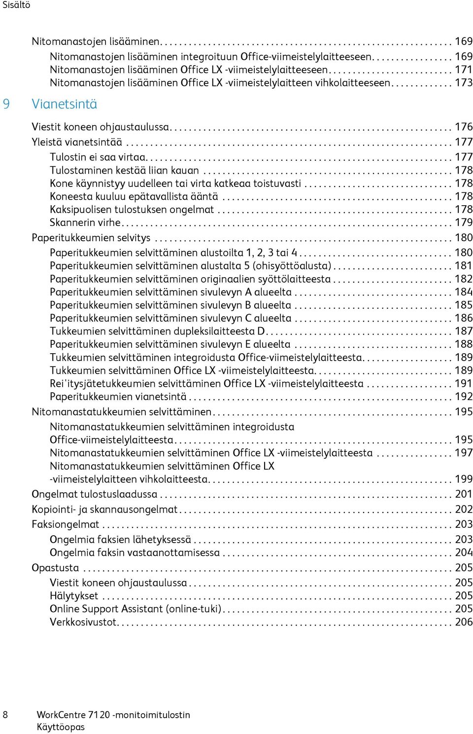 ............ 173 9 Vianetsintä Viestit koneen ohjaustaulussa........................................................... 176 Yleistä vianetsintää.................................................................... 177 Tulostin ei saa virtaa.