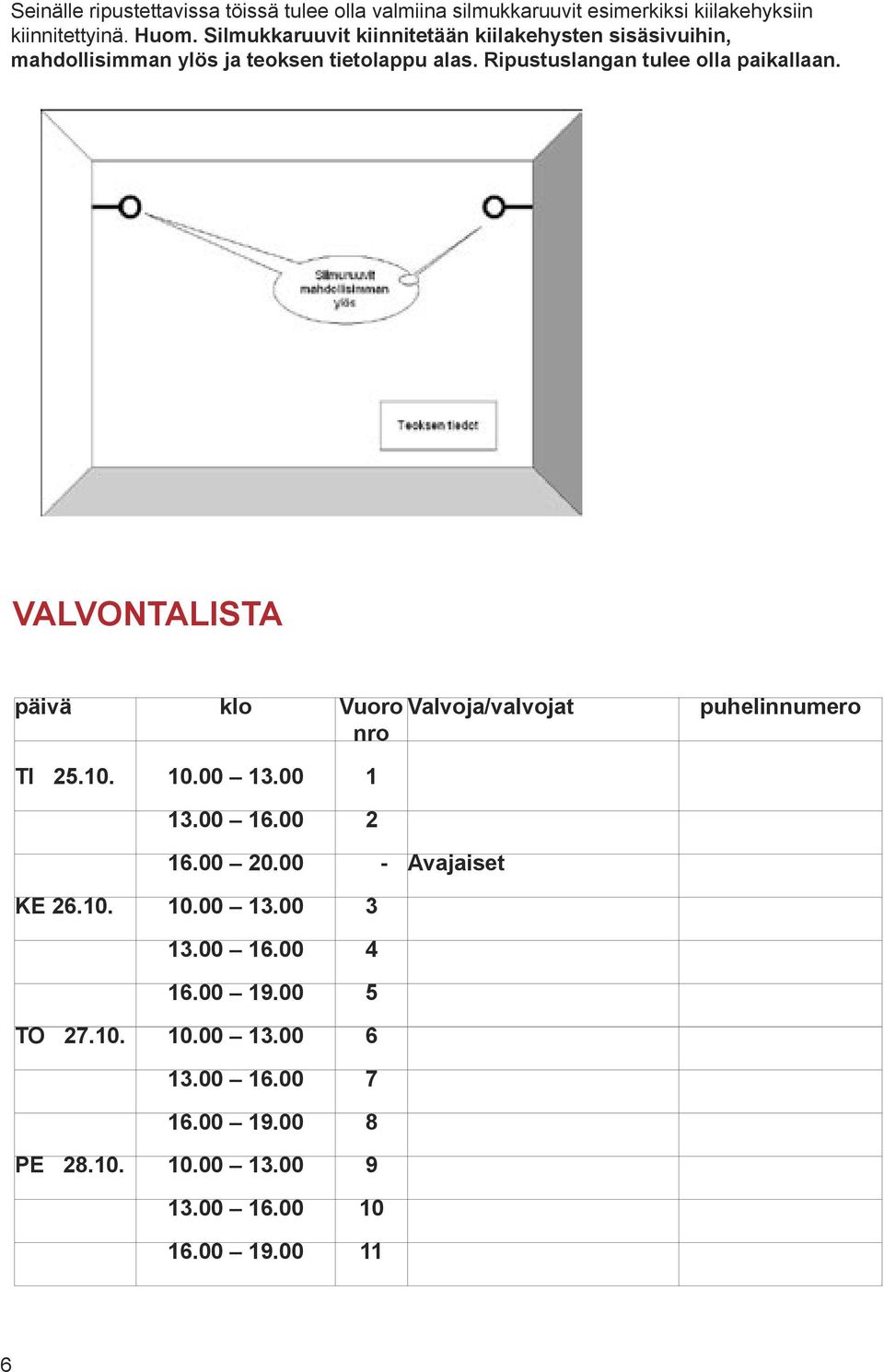 Ripustuslangan tulee olla paikallaan. VALVONTALISTA päivä klo Vuoro Valvoja/valvojat nro puhelinnumero TI 25.10. 10.00 13.00 1 13.00 16.