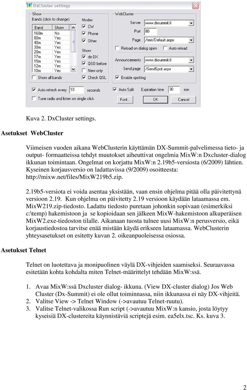 Dxcluster-dialog ikkunan toimintaan. Ongelmat on korjattu MixW:n 2.19b5-versiosta (6/2009) lähtien. Kyseinen korjausversio on ladattavissa (9/2009) osoitteesta: http://mixw.net/files/mixw219b5.zip. 2.19b5-versiota ei voida asentaa yksistään, vaan ensin ohjelma pitää olla päivitettynä versioon 2.