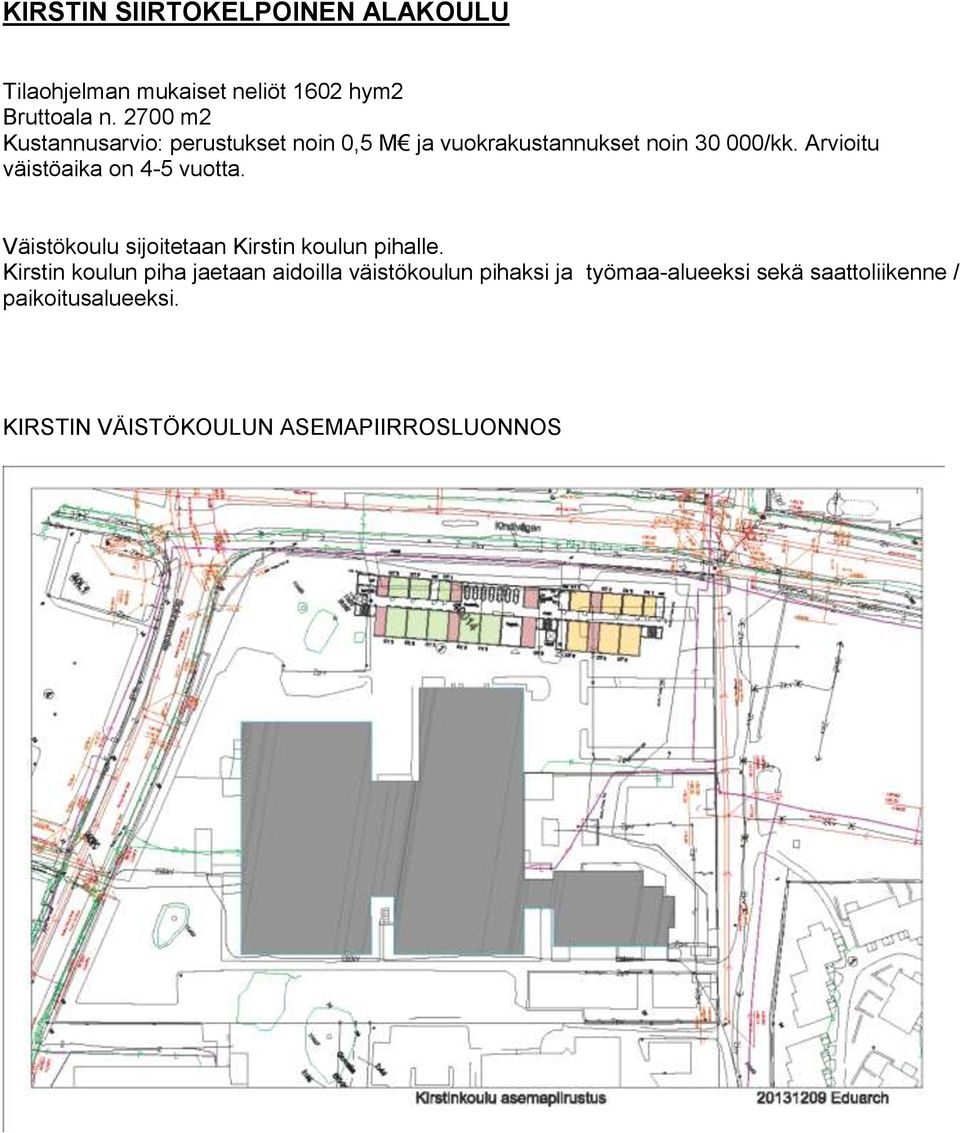 Arvioitu väistöaika on 4-5 vuotta. Väistökoulu sijoitetaan Kirstin koulun pihalle.