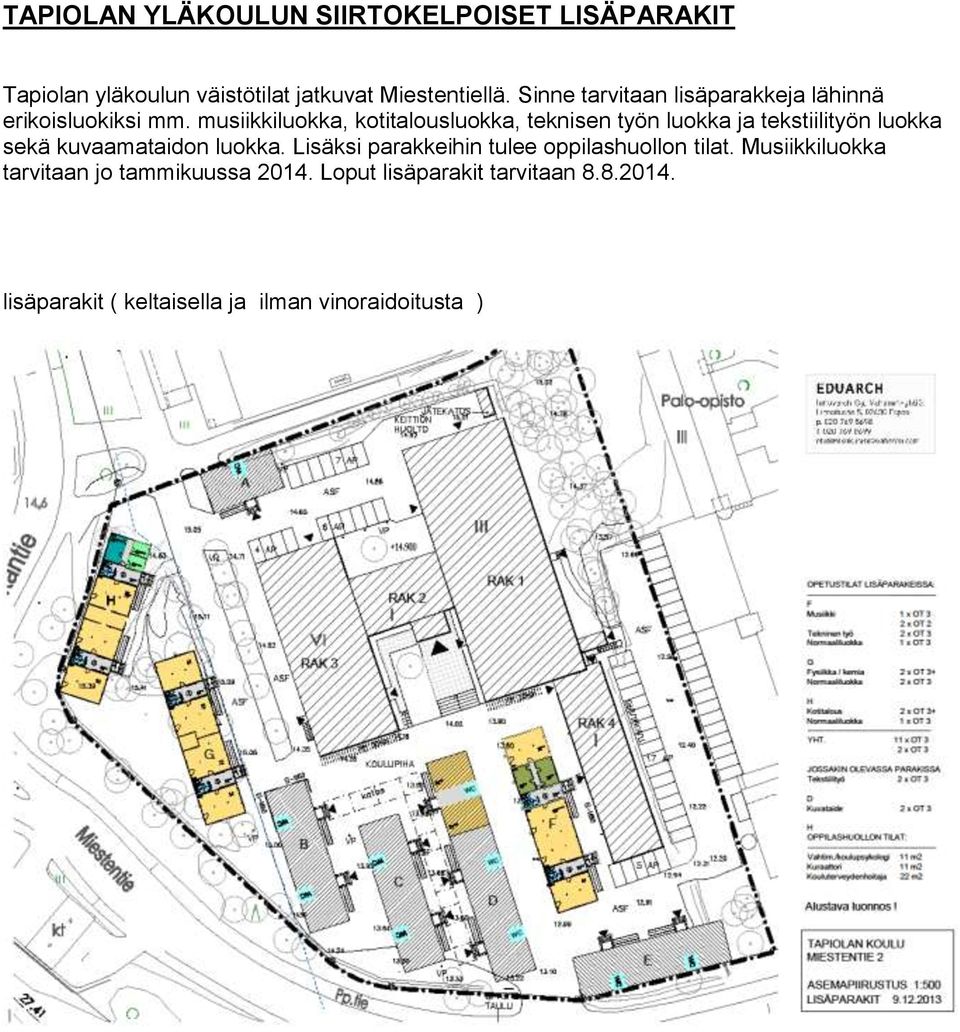 musiikkiluokka, kotitalousluokka, teknisen työn luokka ja tekstiilityön luokka sekä kuvaamataidon luokka.