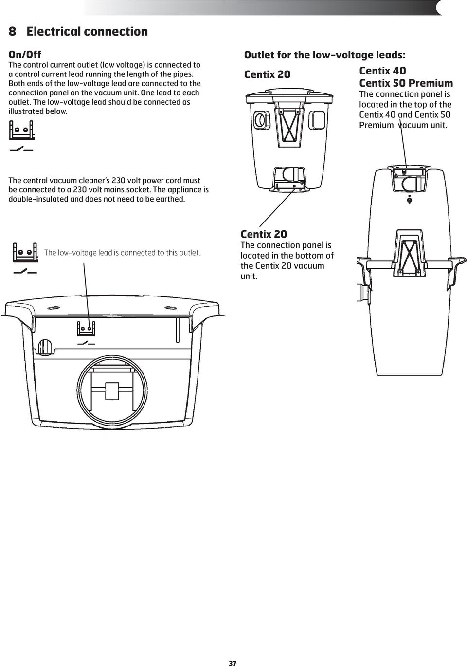 Outlet for the low-voltage leads: Centix 20 Centix 40 Centix 50 Premium The connection panel is located in the top of the Centix 40 and Centix 50 Premium vacuum unit.