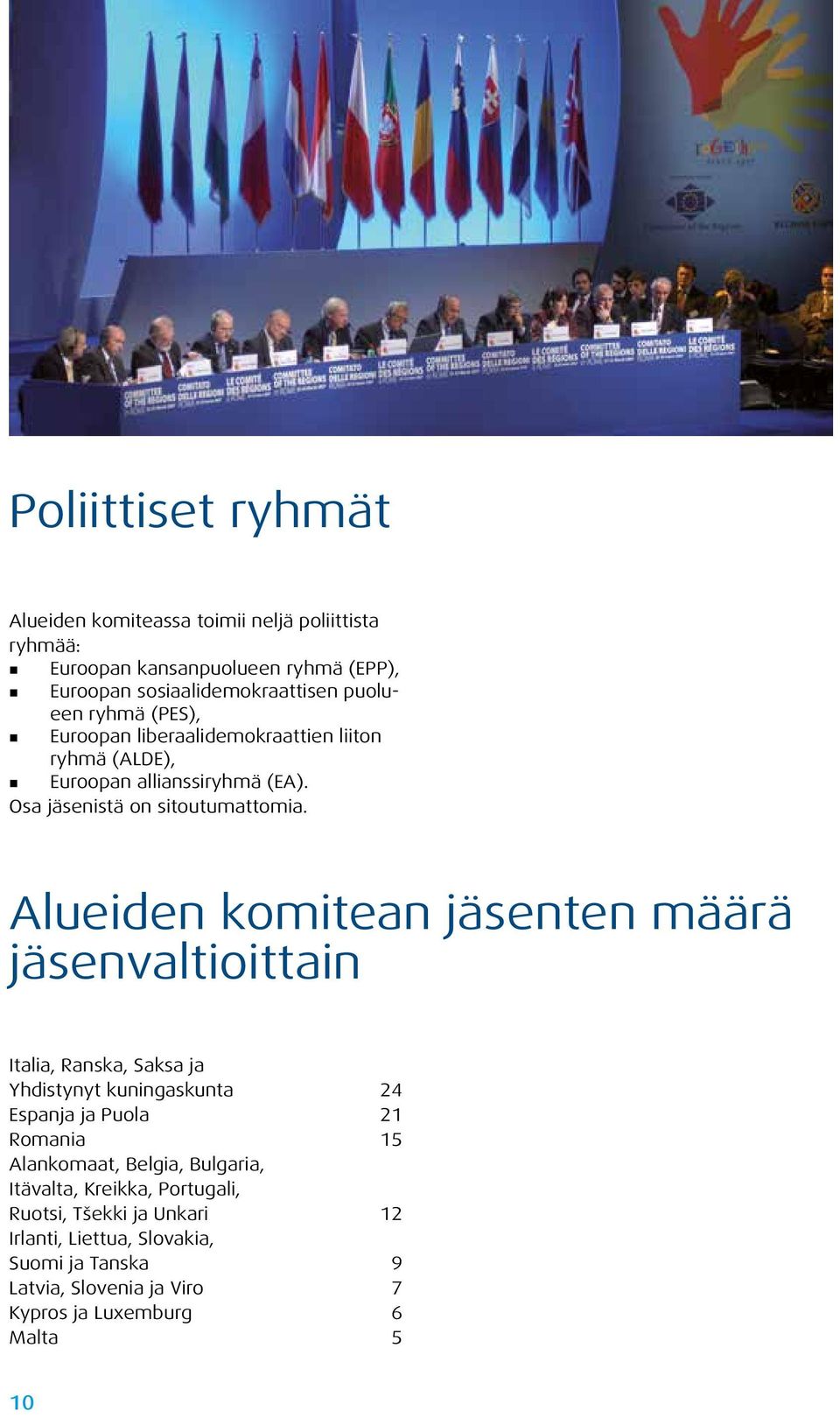 Alueiden komitean ten määrä valtioittain Italia, Ranska, Saksa ja Yhdistynyt kuningaskunta 24 Espanja ja Puola 21 Romania 15 Alankomaat, Belgia,