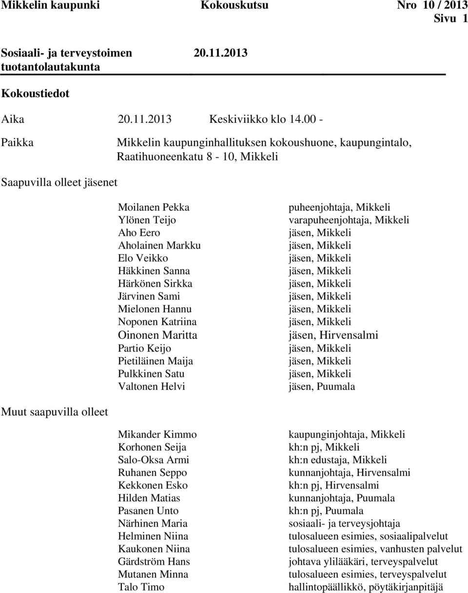 Häkkinen Sanna Härkönen Sirkka Järvinen Sami Mielonen Hannu Noponen Katriina Oinonen Maritta Partio Keijo Pietiläinen Maija Pulkkinen Satu Valtonen Helvi puheenjohtaja, Mikkeli varapuheenjohtaja,